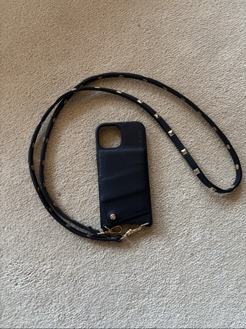 Bandolier Sarah pebbled Leather iPhone 15 Case w/ pocket and rock studs strap
